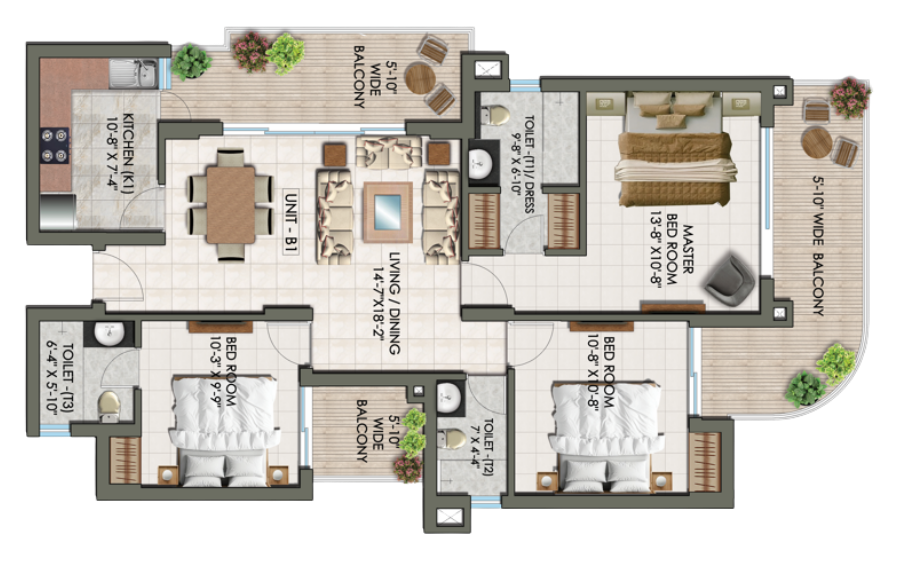 3 BHK Floor Plan (Tower B1)